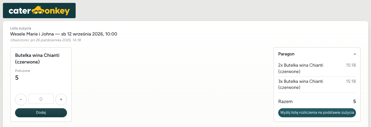 Lista rozliczenia na podstawie zużycia na miejscu